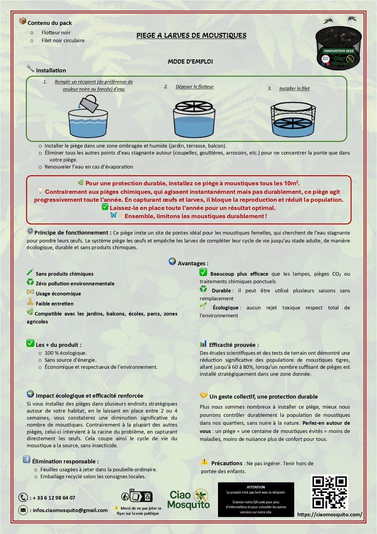 Piège à Larves de Moustiques Réutilisable | Anti-Moustique Naturel et Écologique | sans Insecticide, sans Produit Chimique | pour Jardin, Balcon, Pot de Fleur, Terrasse Ciao Mosquito®