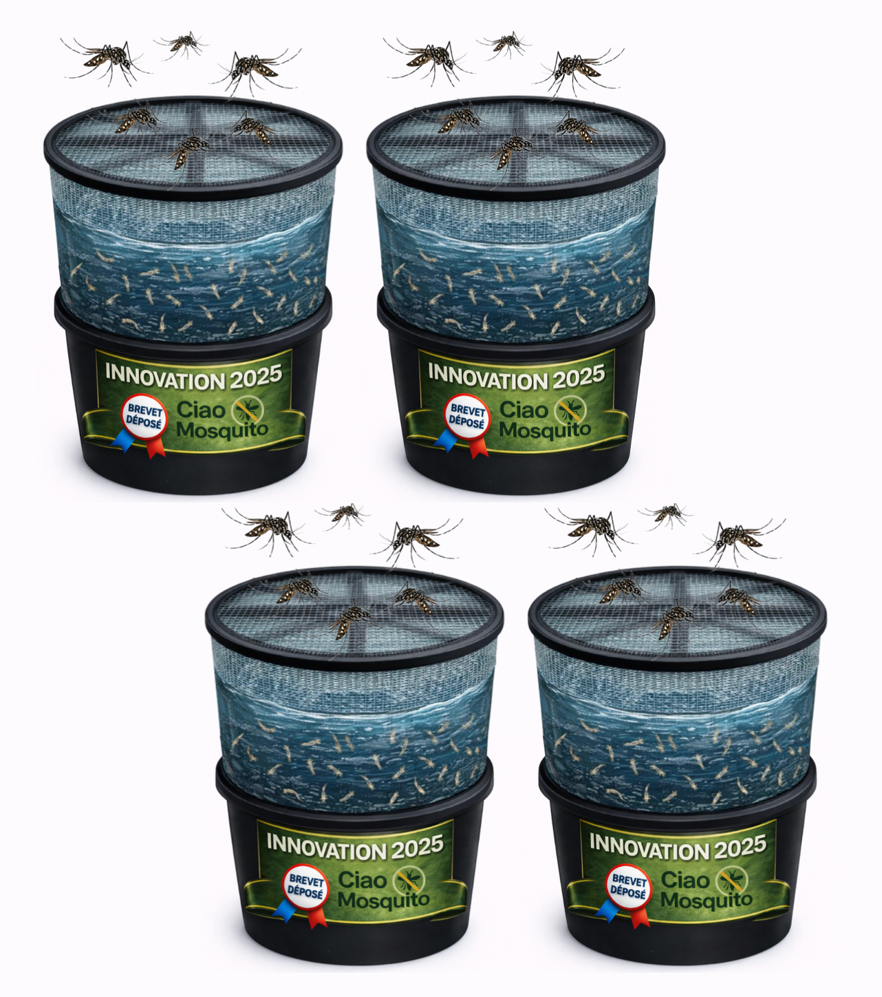 Lot de 4 pièges à larves de moustiques extérieur Ciao Mosquito, solution naturelle sans insecticide pour éliminer les larves dans l’eau stagnante.