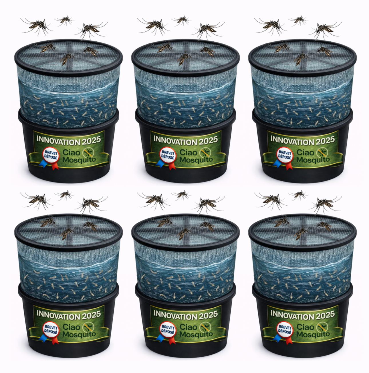 Lot de 6 pièges anti moustiques et larves Ciao Mosquito, protection écologique grande surface pour jardin, terrasse et zones sensibles au moustique tigre.