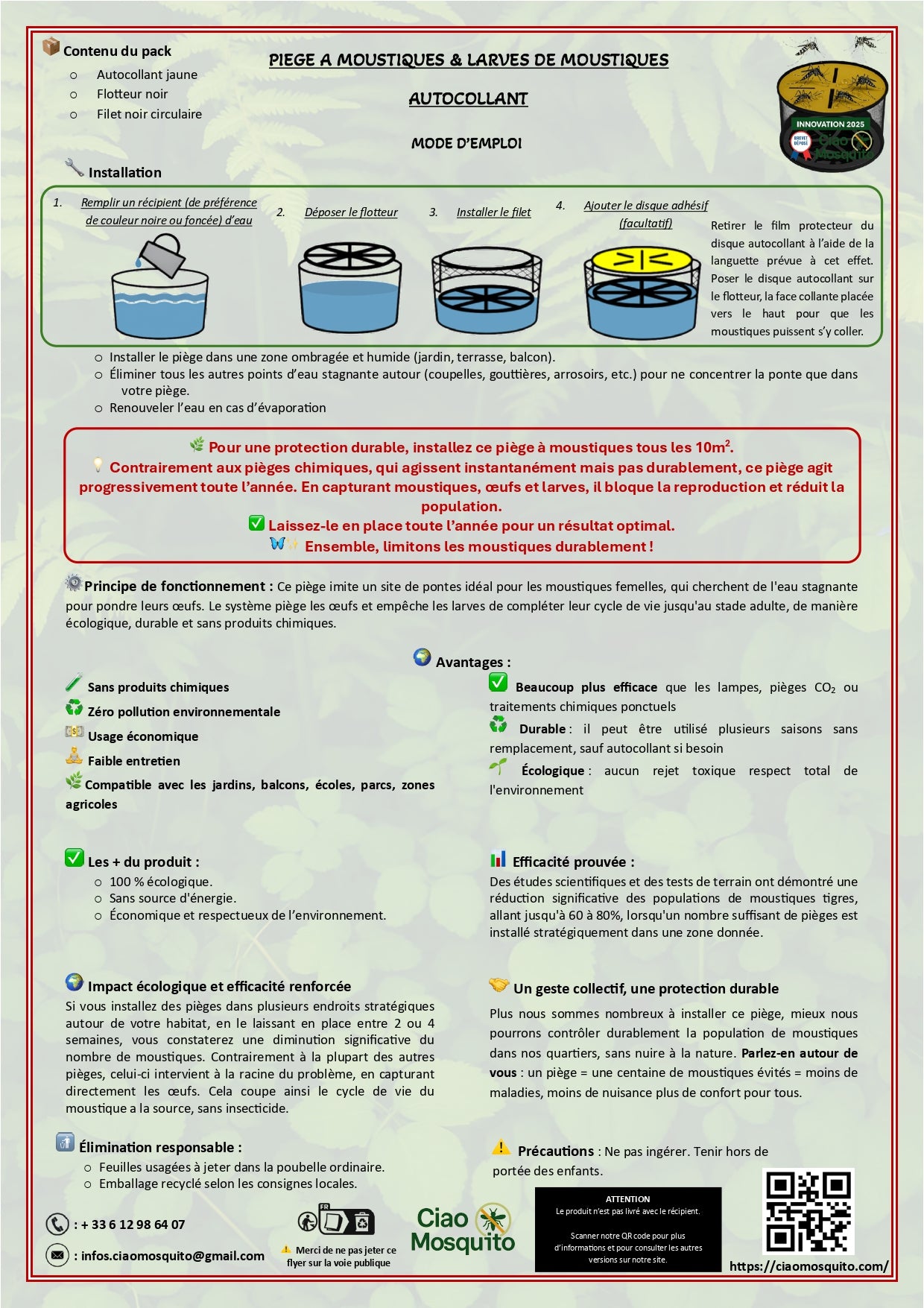 Fiche produit technique du piège à moustiques écologique Ciao Mosquito, sans produits chimiques, breveté et testé scientifiquement