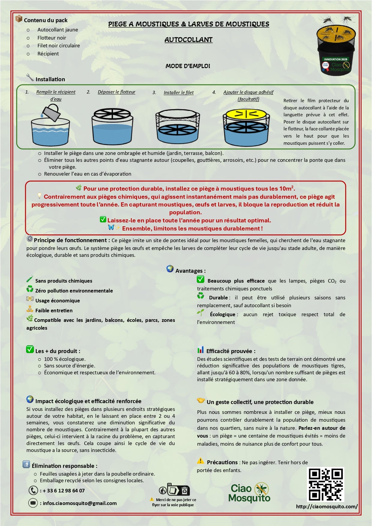 Guide d'utilisation du piège Ciao Mosquito – étapes de montage avec flotteur, autocollant et filet dans un récipient d’eau.
