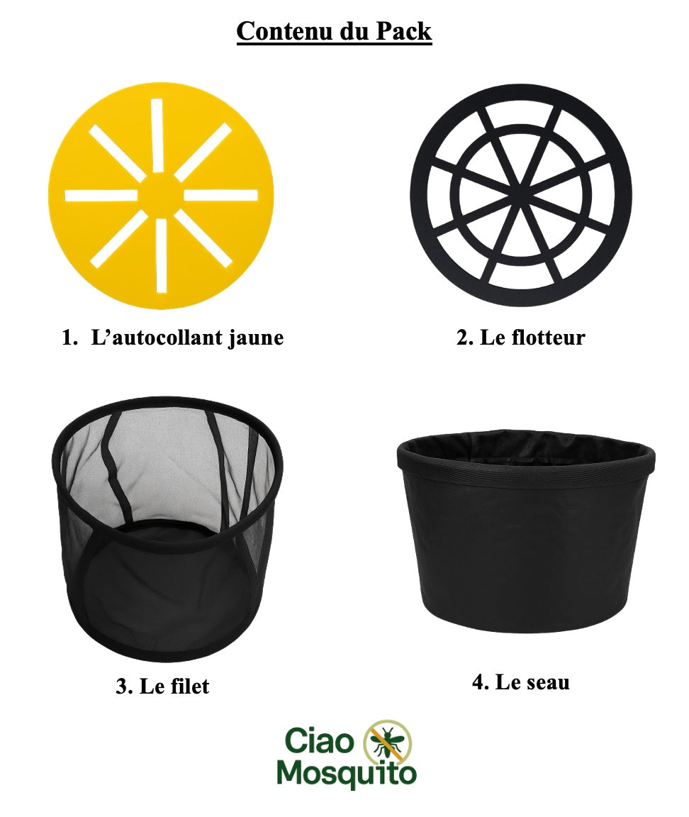 Affiche promotionnelle du piège à moustiques écologique et réutilisable, sans produit chimique, marque Ciao Mosquito
