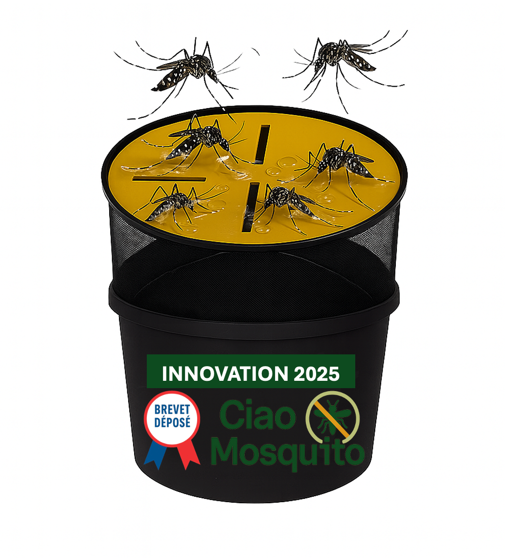 Vue du piège Ciao Mosquito assemblé avec disque autocollant jaune, grille noire et filet anti-larves,