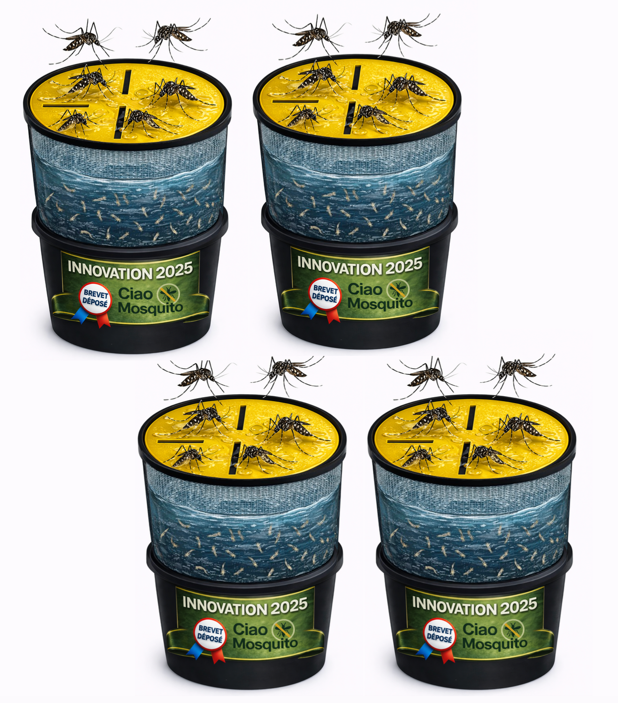 Lot de 4 pièges moustiques et larves écologiques Ciao Mosquito pour protection extérieure durable sans insecticide.