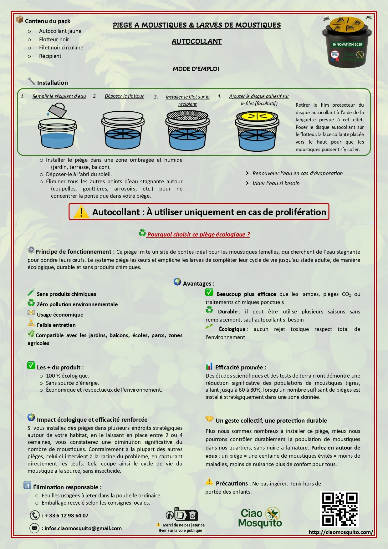 Notice d’installation et d’utilisation du piège à moustiques autocollant Ciao Mosquito, instructions et précautions
