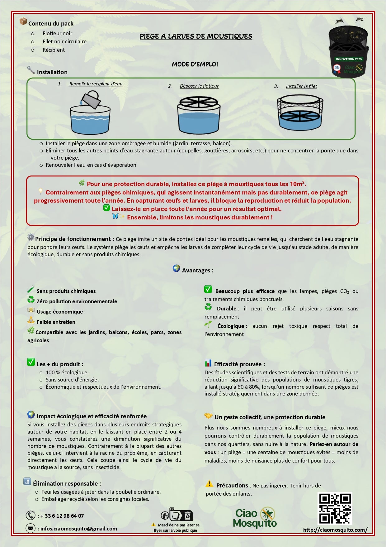 Ciao Mosquito® – Piège larves moustique tigre breveté | Innovation 2025 sans insecticide | Zéro odeur, zéro chimie | Seau + filet + flotteur | Jardin, terrasse, balcon, potager, enfants, animaux