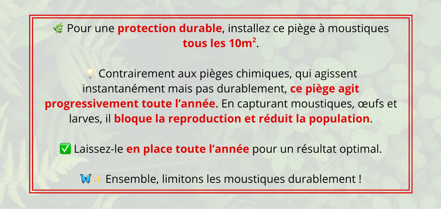 Infographie explicative du piège à moustique tigre Ciao Mosquito – solution écologique anti-larves pour réduire durablement la population de moustiques dans le jardin et la terrasse
